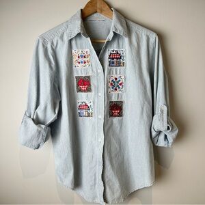 Striped Blue Button Down Shirt with Whimsical Embroidered Patches